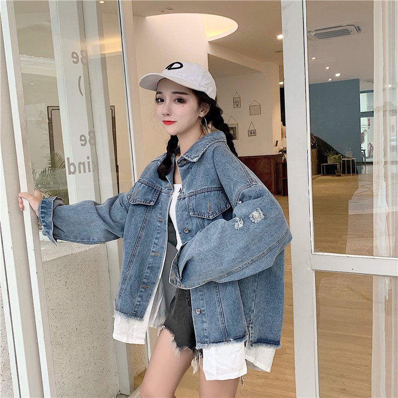 Real shooting spring and autumn 2021 new loose stitching fake two pieces of denim jacket