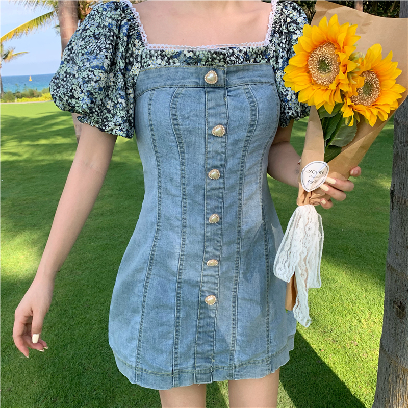 Real shot 2021 spring new versatile thin floral bubbles need sleeve stitching denim dress