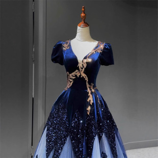 9a主持人礼服蓝色高端轻奢小众宴会合唱演出服女亮片美声独唱连衣