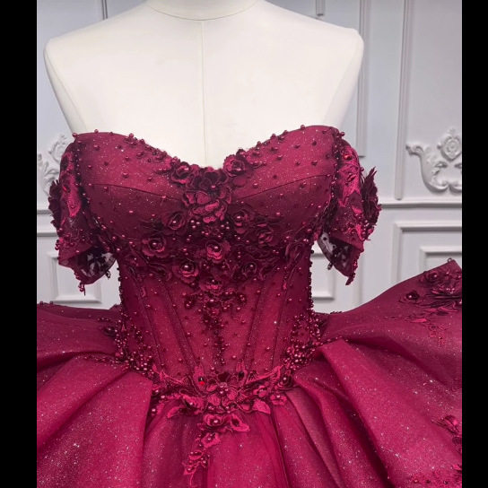 9A酒红色敬酒服新娘结婚重工立体图片