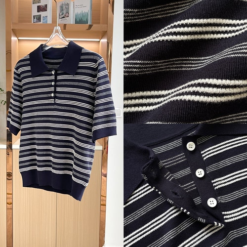 真Z~Y料2\60支条纹翻领针织