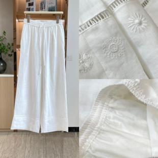 渠道货 下摆刺绣 内里真丝 度假绣花松紧腰阔腿裤 女装00888