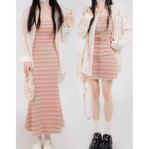 彩虹条纹纤维新款韩版收腰包臀裙