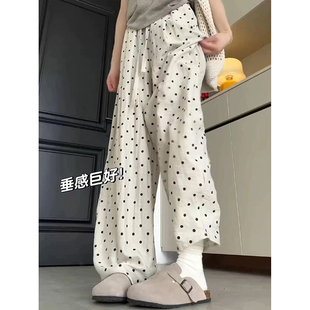 亚麻波点冰丝阔腿裤女夏季薄款2026新款高腰显瘦垂直感弯刀拖地裤