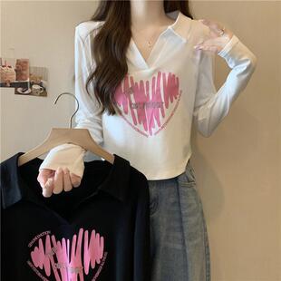 正肩polo衫 女装 长袖 2025新款 胖mm遮肉显瘦200斤上衣女 t恤秋季 大码