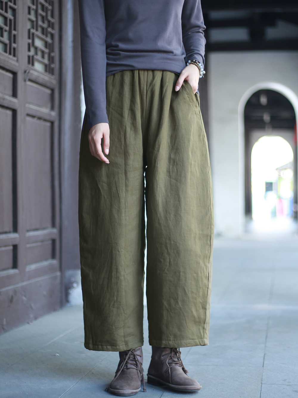 夹棉松紧腰亚麻休闲棉裤