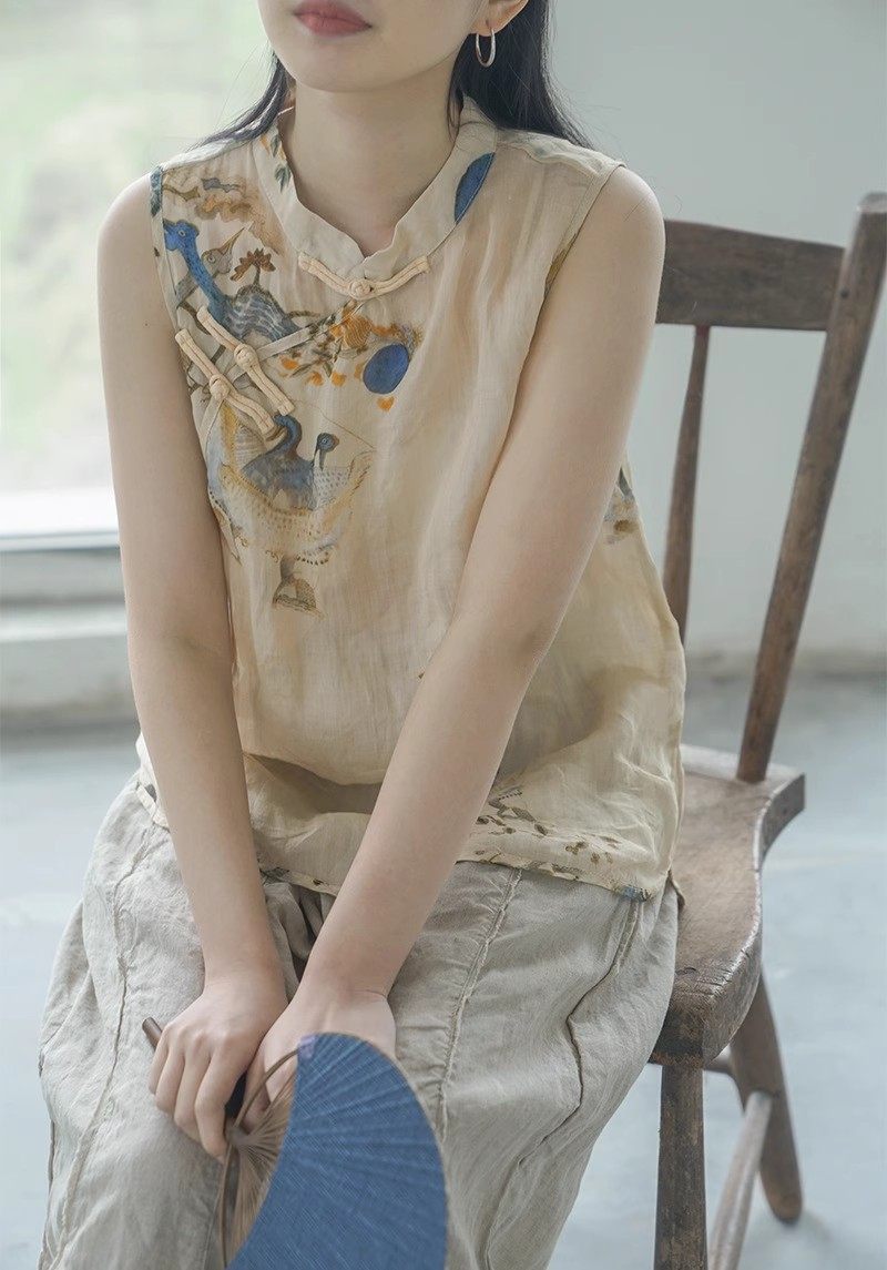 印花盘扣苎麻背心复古无袖茶服
