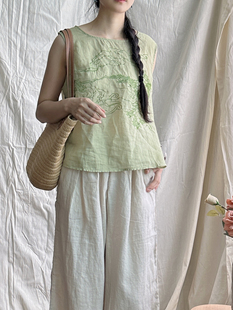 夏季轻盈苎麻绣花背心文艺绿色圆领马甲新中式禅意内搭无袖上衣
