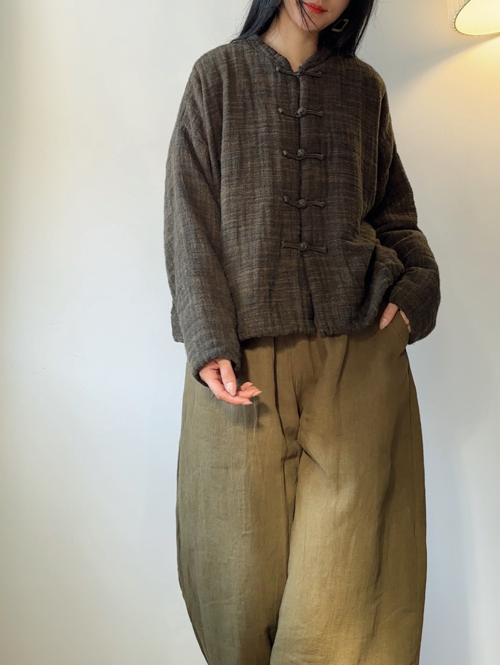 文艺色织亚麻保暖棉服中式盘扣个性炒色夹棉外套复古休闲棉衣