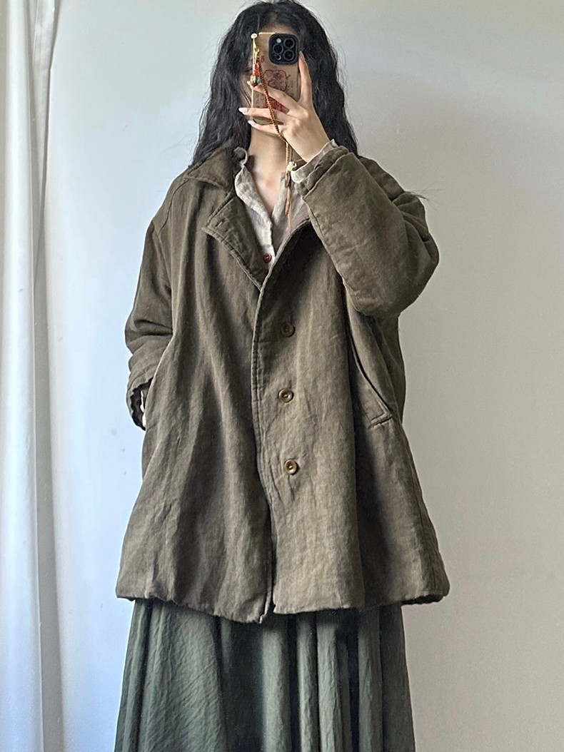 复古中式做旧亚麻棉服宽松显瘦随性棉衣文艺休闲西装夹棉日系外套
