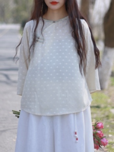 复古圆领盘扣上衣文艺波点提花衬衫 中式 气质温婉茶服中国风女装