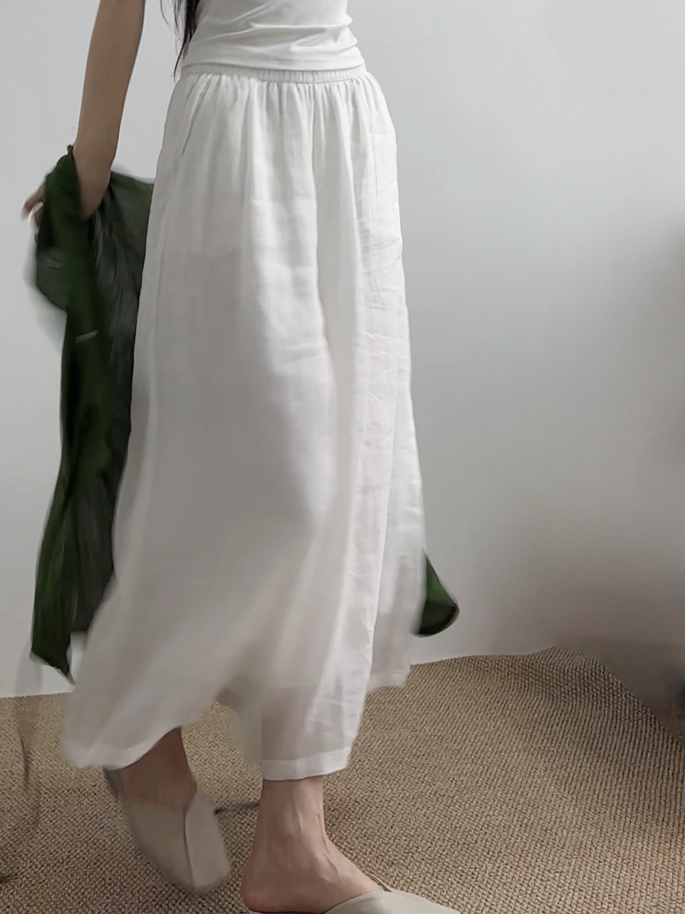 文艺苎麻白色阔腿裤女显瘦气质白色休闲裤裙仙气双层可打底白裤子