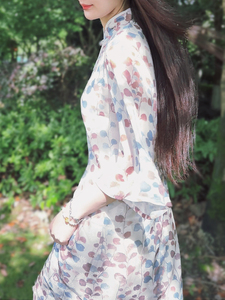 文艺印花汉服旗袍裙立领水滴扣喇叭袖连衣裙中式温柔女裙