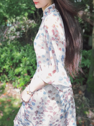 文艺印花汉服旗袍裙立领水滴扣喇叭袖连衣裙中式温柔女裙