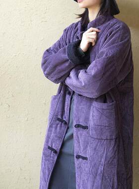 冬季厚实中长款棉衣女复古中式盘扣宽松加厚外套灯芯绒保暖棉袄