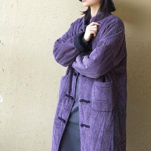 冬季厚实中长款棉衣女复古中式盘扣宽松加厚外套灯芯绒保暖棉袄