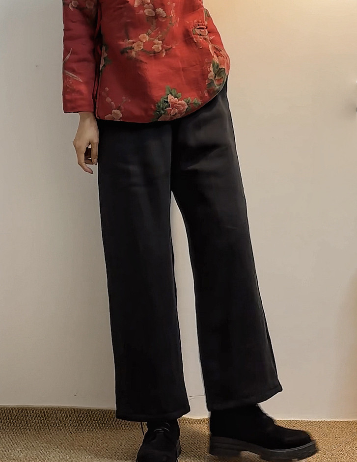 黑色亚麻棉裤百搭显瘦直筒裤夹棉轻便长裤松紧腰冬季保暖裤子