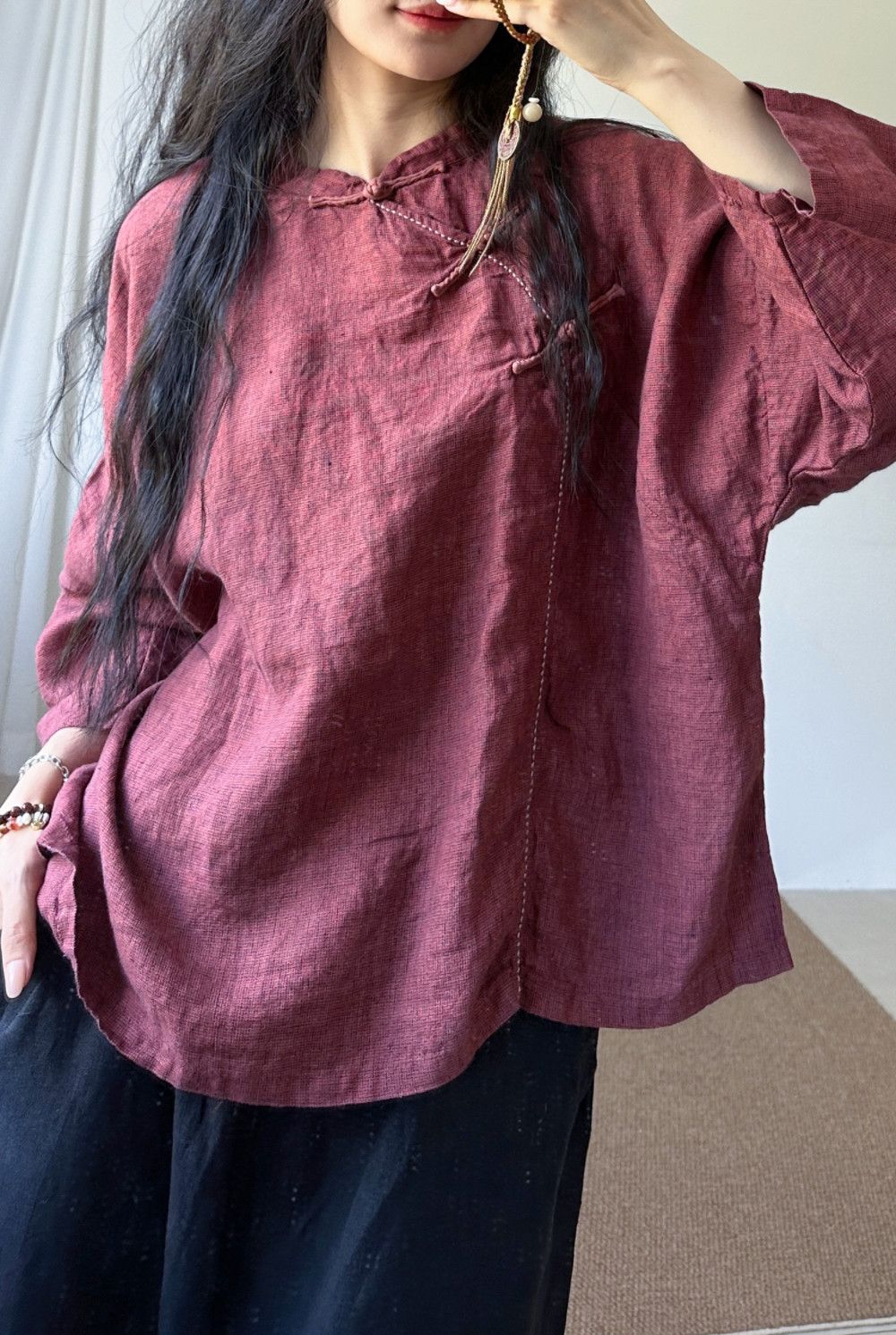 复古盘扣立领衬衫女宽松显瘦亚麻上衣红细格子新中式套头外套女