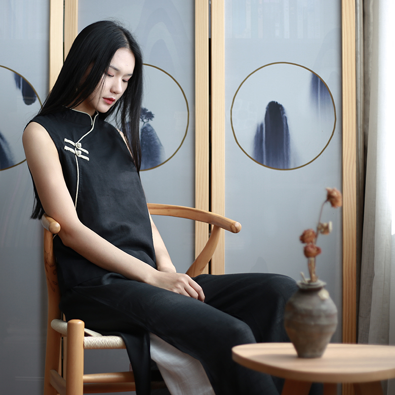 文艺复古背心女斜襟盘扣撞色立领衬衫中式茶服气质无袖打底上衣
