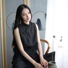 文艺复古苎麻斜襟宽松上衣中式立领盘扣黑衬衫无袖茶服打底背心女