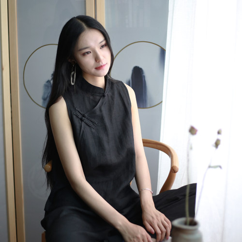 文艺复古苎麻斜襟宽松无袖