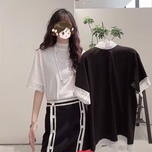 清仓 sun eenk法式松弛感纯棉蕾丝T恤春夏中长款宽松T女