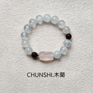 春莳「木蘭」原创设计小众天然薄荷蓝海蓝宝紫檀粉晶手链手串饰品