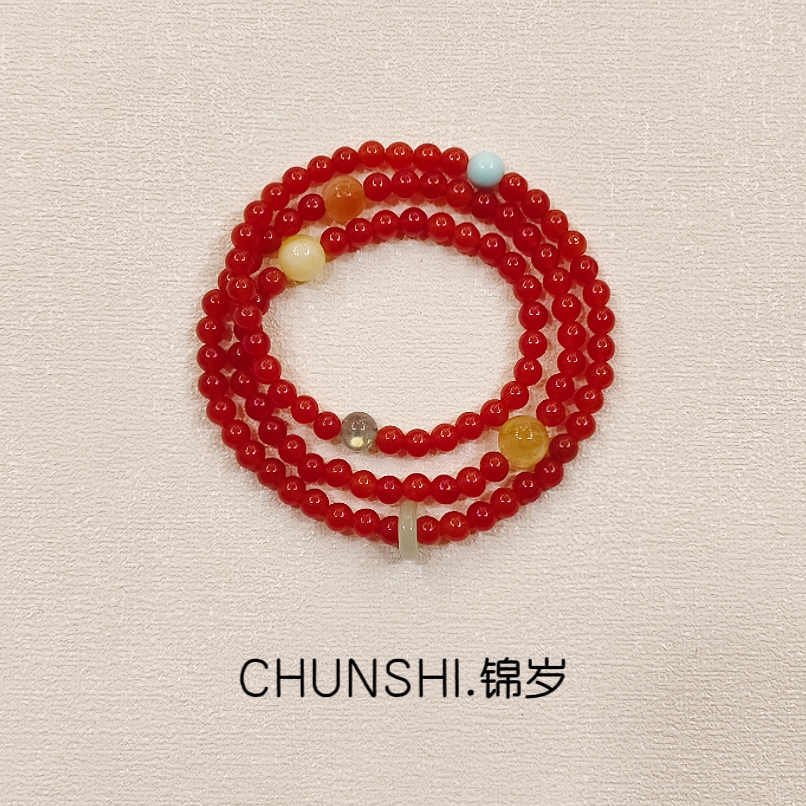 CHUNSHI「锦岁」超美！新中式天然多圈南红玛瑙蓝松石蜜蜡手链女
