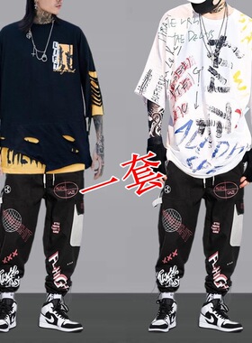 夏季嘻哈一套装休闲国潮ins男宽松短袖t恤五分袖运动潮牌工装裤子