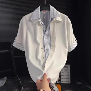 假两件冰丝条纹拼接短袖衬衫男夏季薄款垂感宽松休闲双领半袖衬衣