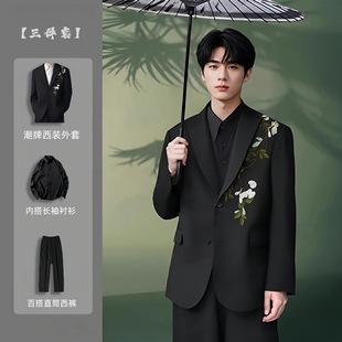 穿搭毕业礼服戗驳领垫肩西服套装 新中式 男套装 正装 山茶花刺绣西装