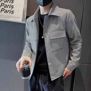 秋冬季潮牌韩版千鸟格子外套2023新款秋装上衣高级感痞帅夹克男士