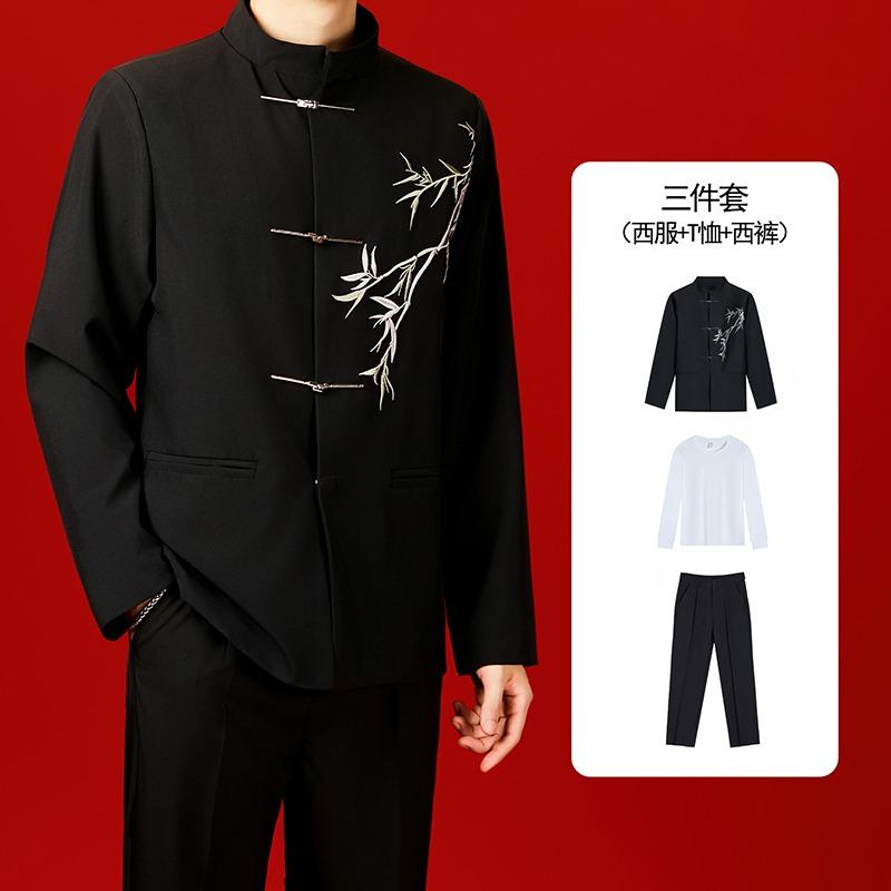 新中式男黑色立领西装团体演出服