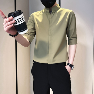 痞帅衬衣2025新款 高级感立领衬衫 薄款 男短袖 百搭休闲纯色上衣 夏季
