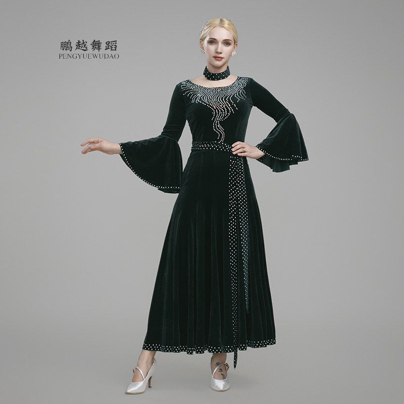 新款金丝绒华尔兹演出服摩登舞国标舞大摆连衣裙交谊舞广场比赛服