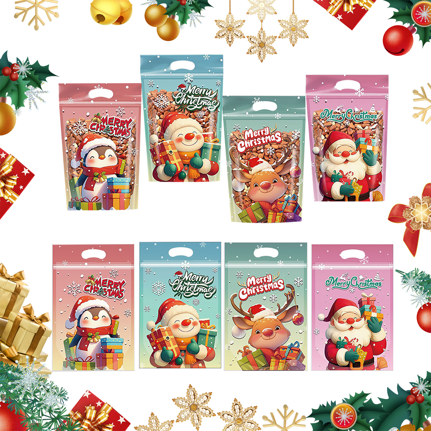 圣诞节新年开窗自封包装袋糖果点心雪花酥牛轧糖食品拉链自立袋子