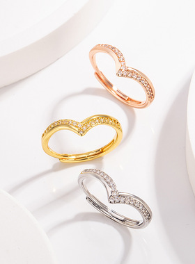 抖音直播时尚简约V形戒指女 不对称镶钻食指戒叠戴风小众设计手饰