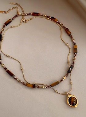 气质双层叠戴秋冬美拉德串珠虎眼石款吊坠项链复古气质网红毛衣链