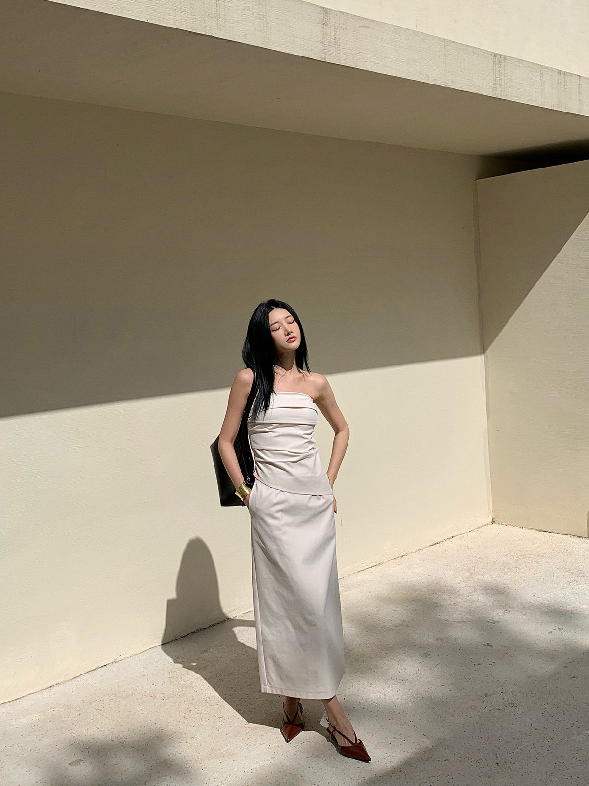 왼쪽 여성 패션 투피스 세트 2024 봄 신작 캐주얼 튜브탑|캐주얼 팬츠|스커트 세트