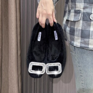 韩版秋冬加绒保暖方头浅口毛毛鞋水钻平底单鞋气质百搭外穿豆豆鞋