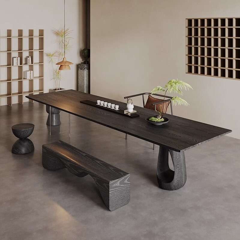 侘寂风实木茶桌椅组合碳化黑色泡茶台客厅原木大板办公桌家用餐桌