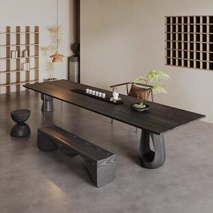 侘寂风实木茶桌椅组合碳化黑色泡茶台客厅原木大板办公桌家用餐桌