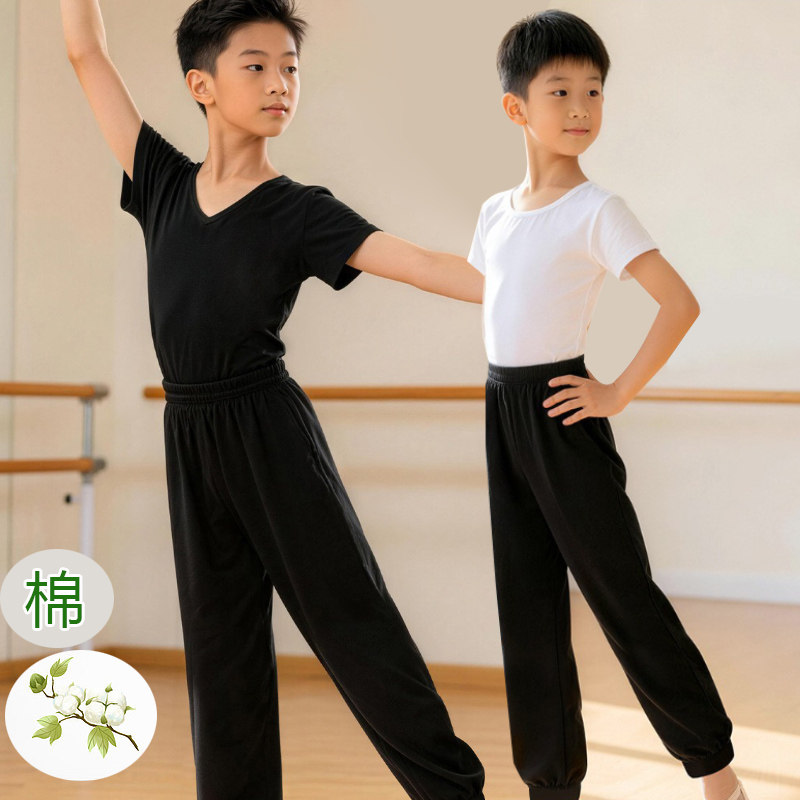 春秋纯棉男童练功服短袖圆领萝卜裤蓝白色拉丁民族儿童舞蹈套装