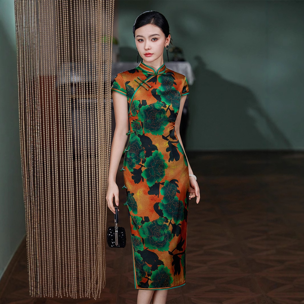 唐之恋真丝桑蚕丝中长款旗袍