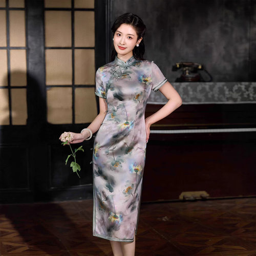 走向辉煌送考印花真丝旗袍礼服