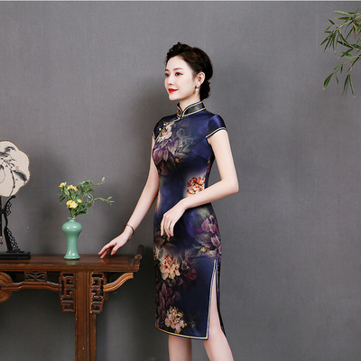 2025夏装新款 优雅国风牡丹花真丝桑蚕丝改良旗袍礼服裙子连衣裙