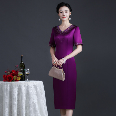 2025夏装新款 紫色醋酸缎烫钻旗袍礼服连衣裙 喜妈妈 喜婆婆 婚宴