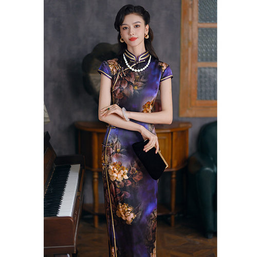 富贵牡丹紫色真丝桑蚕丝旗袍礼服