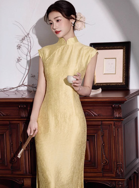 2025夏装新款 优雅新中式手工钉珠天丝黄色长款旗袍裙子连衣裙