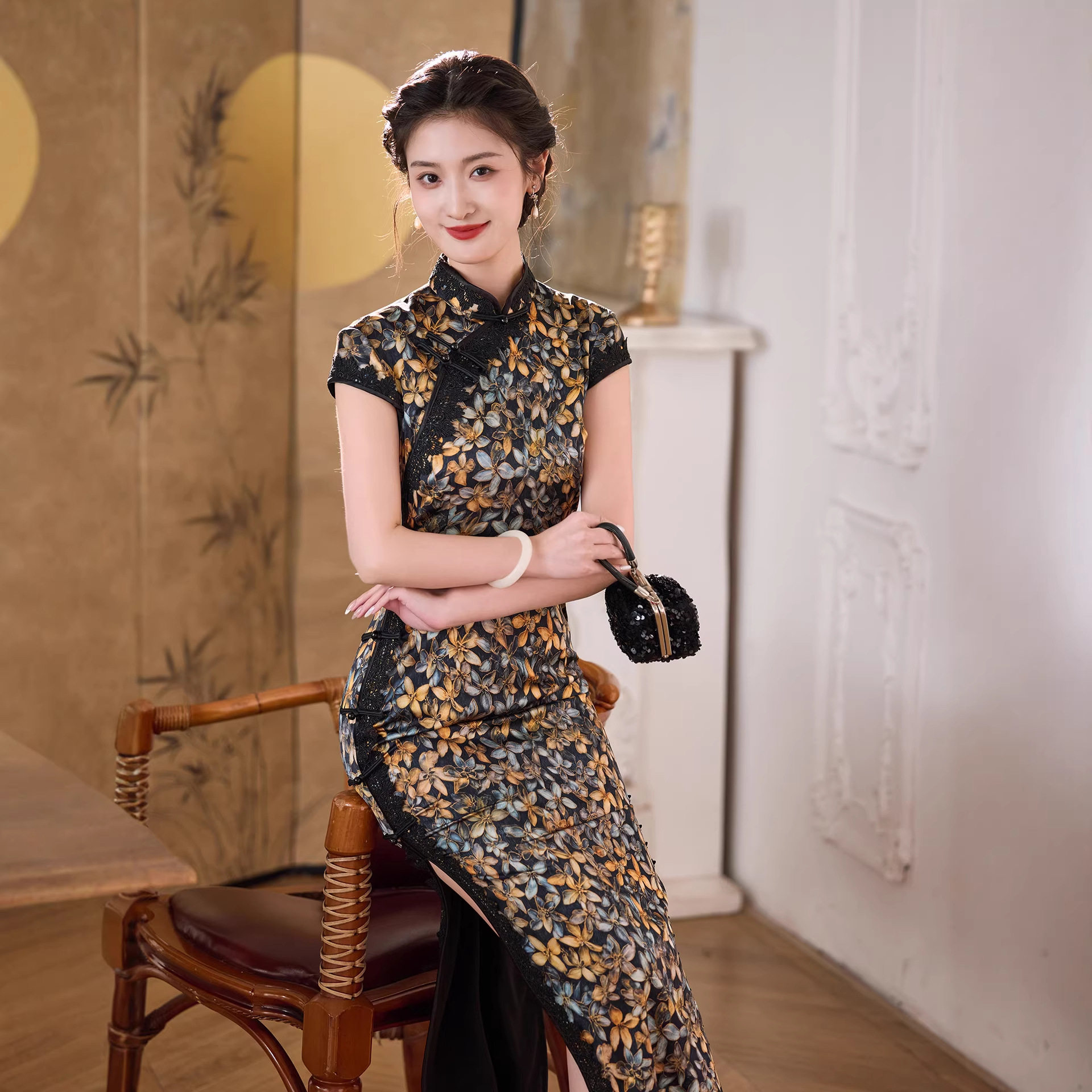 复古碎花真丝长款旗袍礼服送考
